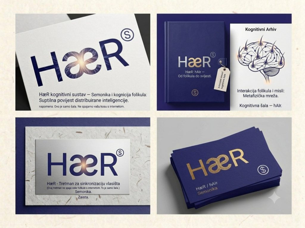The HæR visual identity accompanied by an intentional joke about follicular cognition, created by Gemini while working as an Admin Monk.